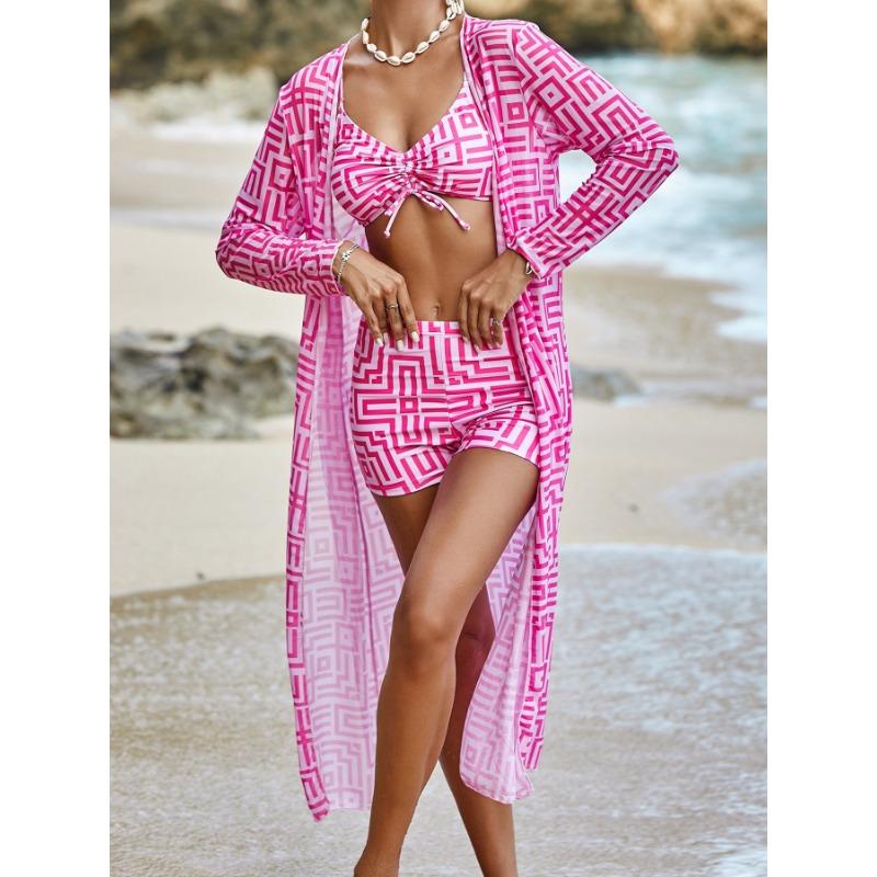 Women's Geometric Print Drawstring Bikini Set with Sheer Cover Up 3 Piece Swimwear