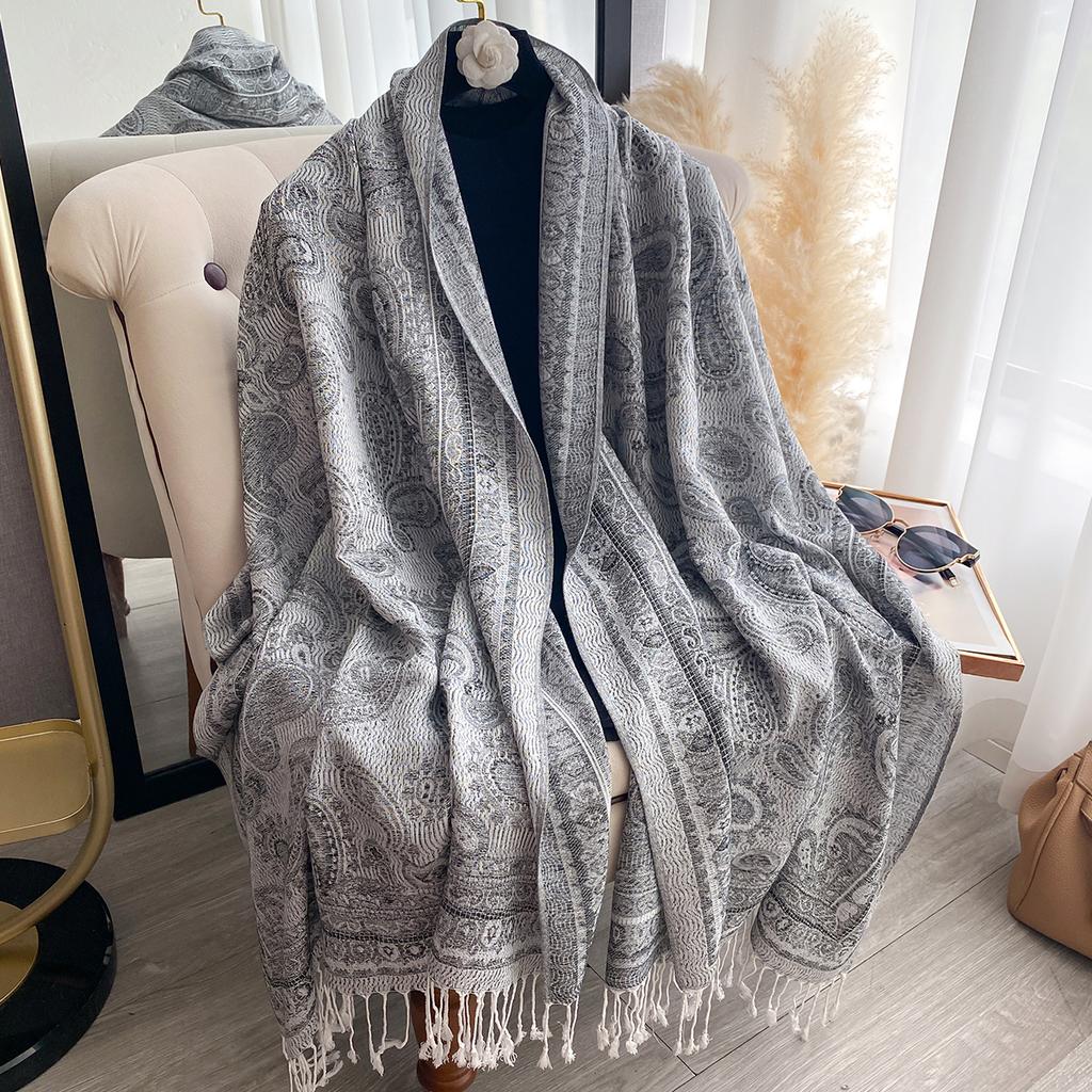Women'S Fashion Faux Cashmere Winter Foulard Vintage Print With Tassels Thick Warm Pashmina Two-Sided Scarf Outdoor Shawls