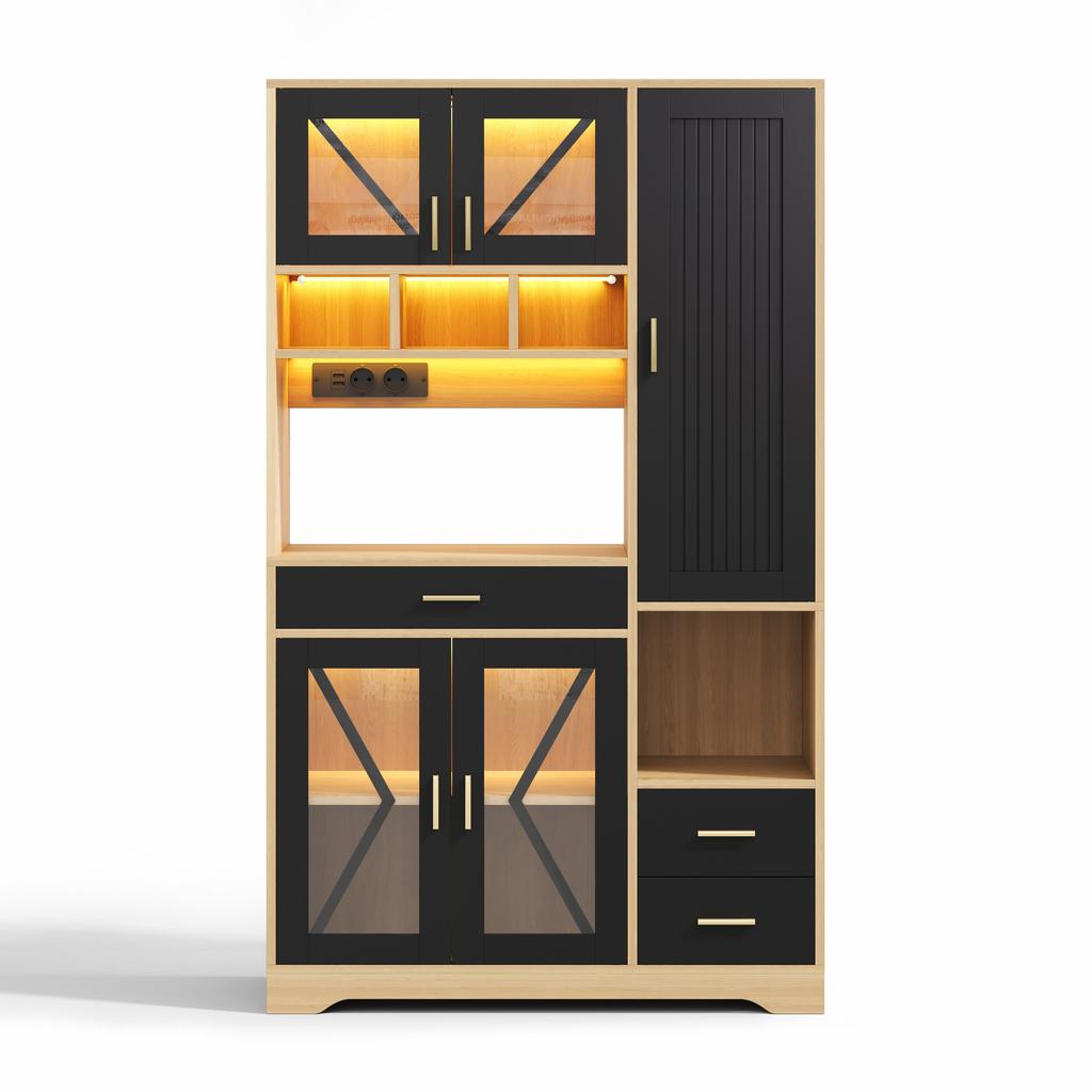 Mobile da Cucina in Stile Rustico, Mobile Contenitore ed Espositore con Ripiani Regolabili, Cassetto, LED a Colori Cambianti e Prese, 185 × 105 × 40 cm.