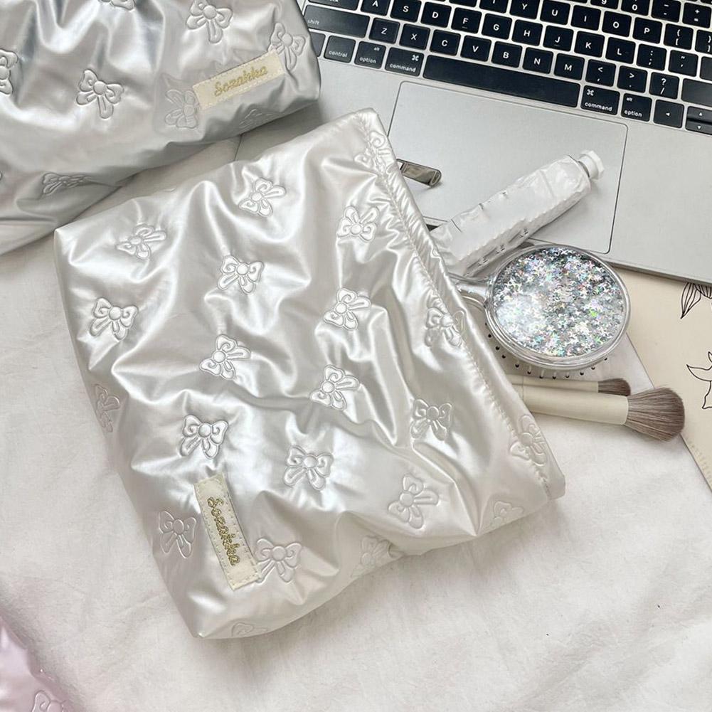 Bow Print Quilting Cosmetic Bag Hand-held PU Korean Style Makeup Bag Handbag Makeup Bags Multifunctional Storage Bag