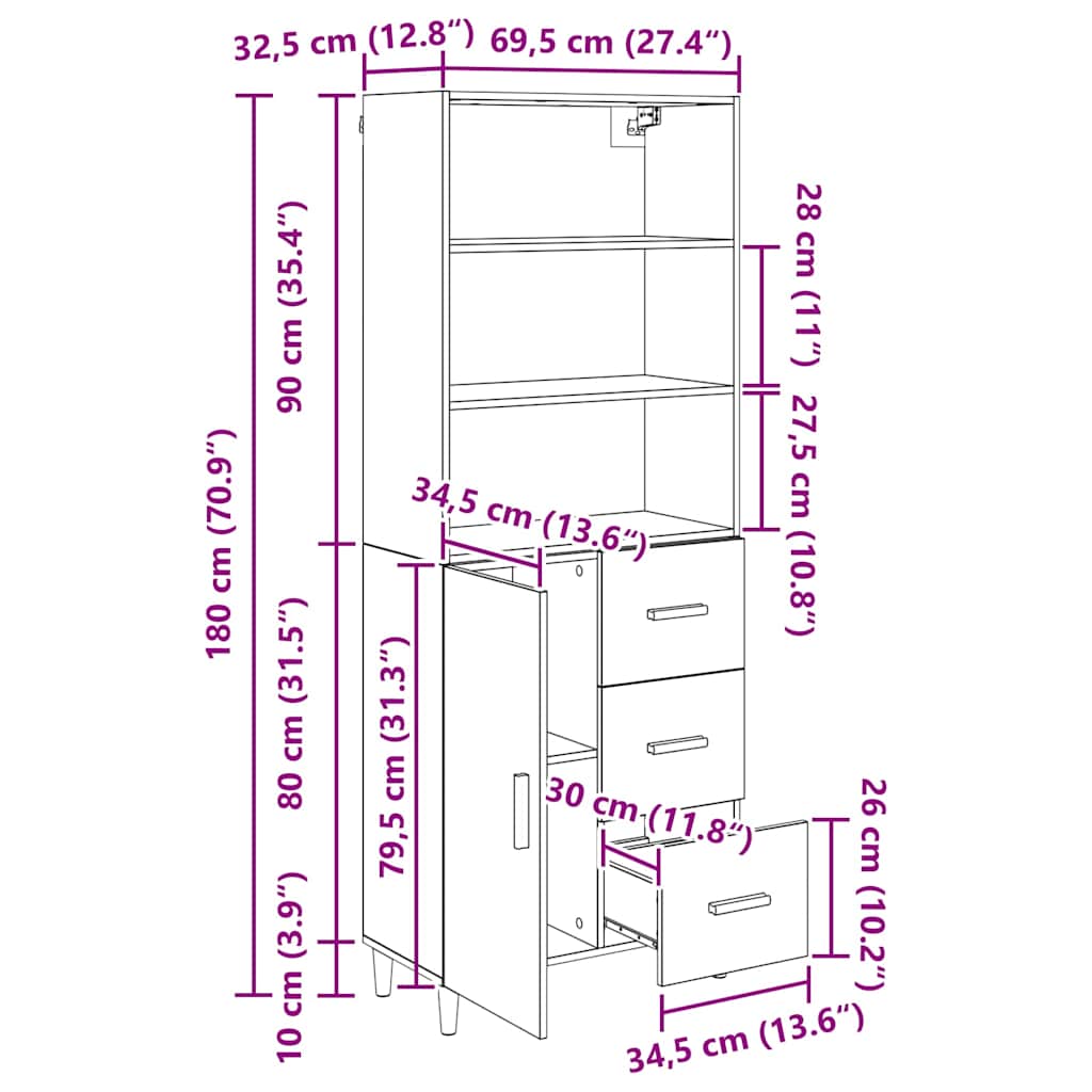 Highboard Black Oak Effect 69.5 x 32.5 x 180 cm