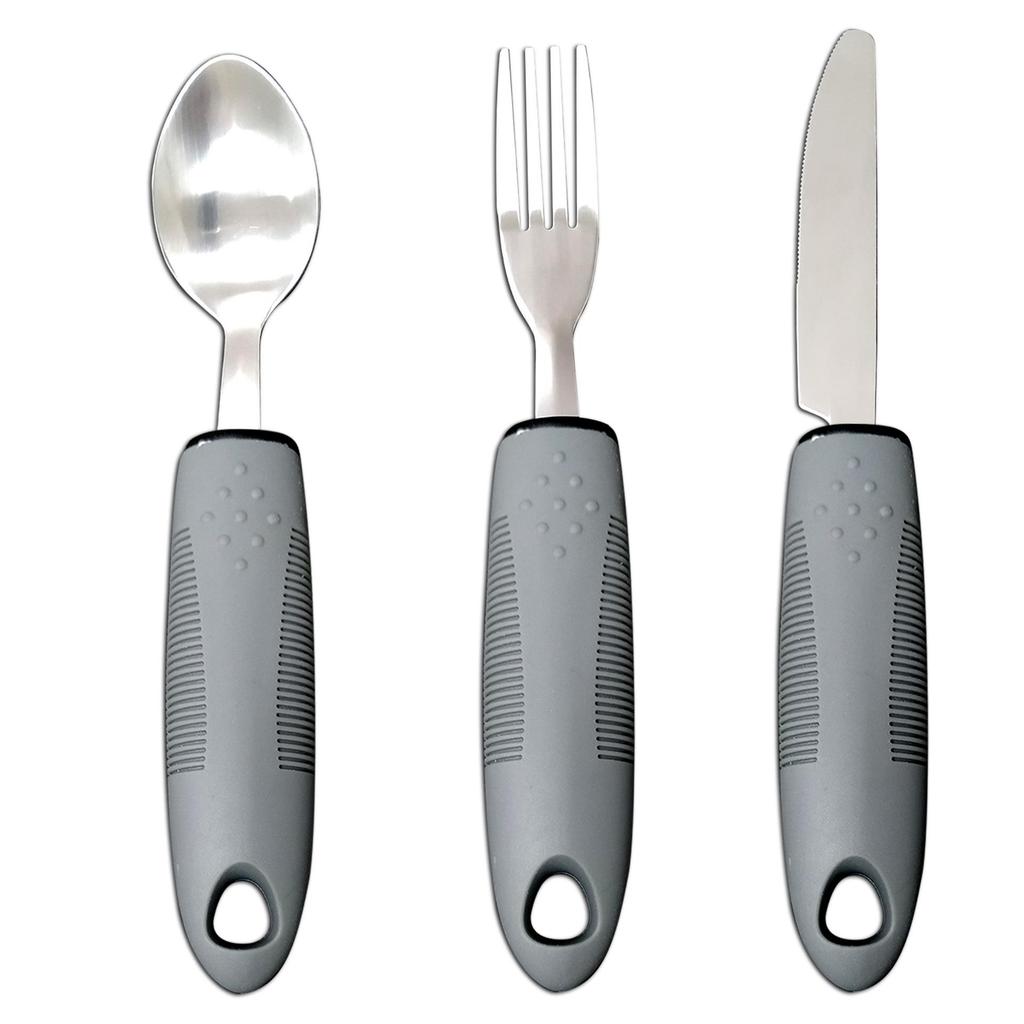 Ensemble de couverts adaptatifs anti-tremblements: Poignées en Acier Inoxydable avec Poignées en Caoutchouc/Plastique (Couteau, Fourchette, Cuillère) pour Aide à la Rééducation des Personnes Âgées