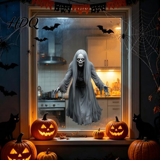 Creative Halloween Gift Ideas Ghost Skeleton Grim Reaper Static Window Clings Horror Break Through Removable Haunted House Decorations Glass Decals,