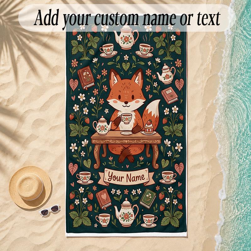 Fox Theme Soft Beach Towel Personalized Custom Name Text Towel Portable for Beach Pool Travel