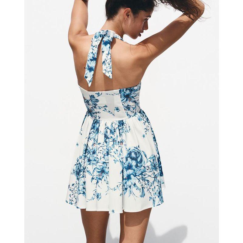 Spring and Summer New Women Clothes Bowknot Decoration Flowers Print Hanging Collar Backless Short Dress 0085131