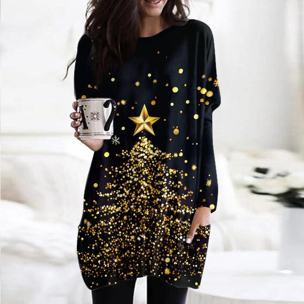Dámská móda ležérní tričko s vánočním potiskem s kulatým výstřihem a dvojitou kapsou s dlouhým rukávem