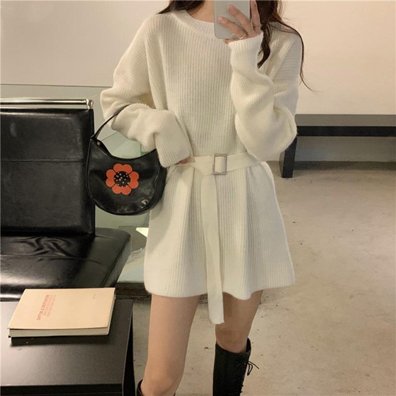 Lace-up Waist Thin Sweater Skirt Autumn and Winter Simple Style Medium and Long Pullover Knitted Sweater Women