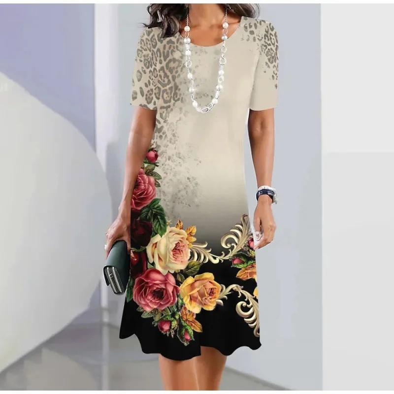 Fashion Casual Floral 3D Digital Printing Round Neck Ladies Dress Plus Size Knee-length Polyester Fiber Made of Loose Waist