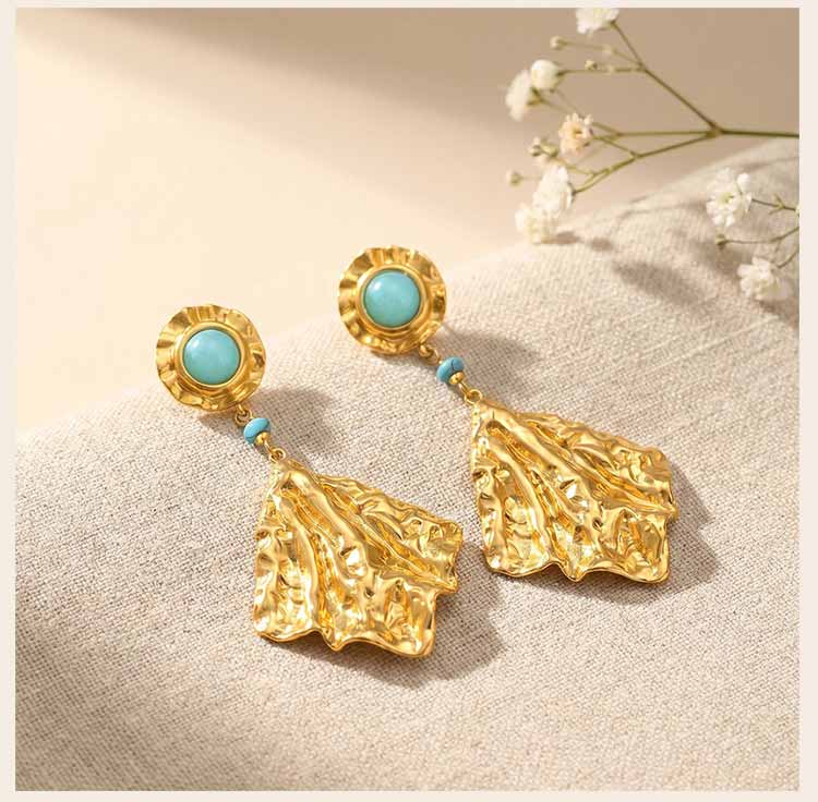 Vintage Drop Earrings 18K Gold Plated Stainless Steel Irregular Geometric Hammered Turquoise Dangle Ear Jewelry One Pair