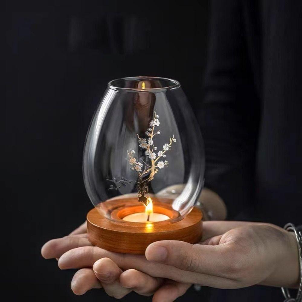 Glass Candlesticks with Cup Cover Round Table Decoration Ornaments Windproof Candle Holders  Home