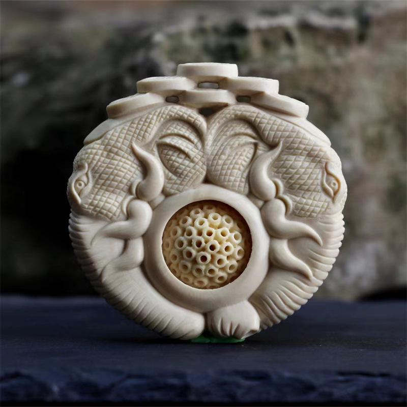 

Exquisite Mammoth Ivory Ganesha Pendant Necklace with Carved Ghost Work Ball – Retro Chinese Style Sweater Chain Accessory. Pure Natural
