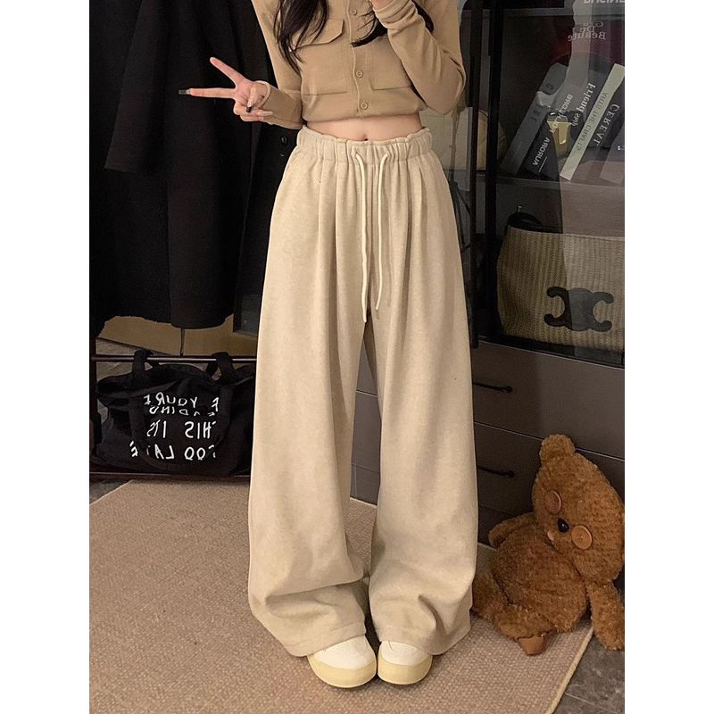 Pink Velvet Pants Warm Casual Pants Loose Pants Women's Clothing Fall High Waist Thick Straight-Leg Pants Mop Pants Pants