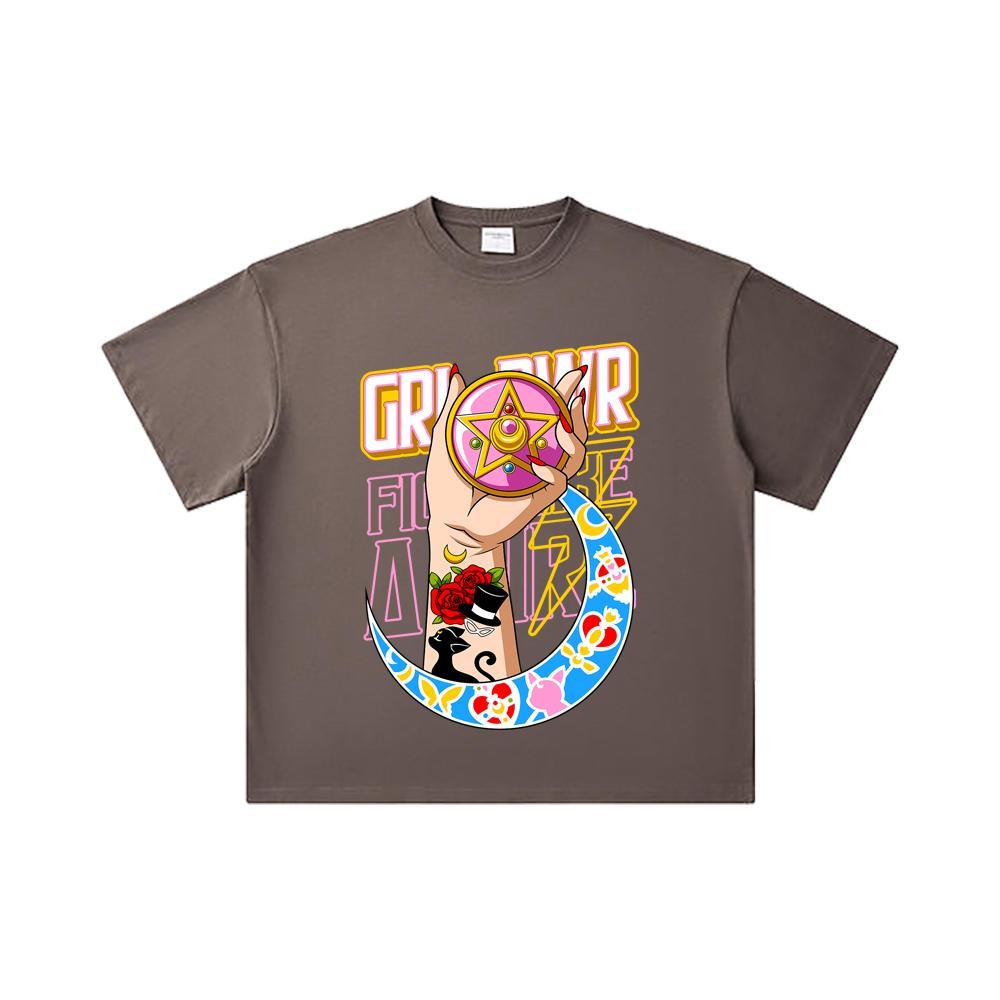 260 GSM Double Yarn 32 Count 100% Cotton Sailor Moon V12 Girl Power Print Unisex Heavy Cotton T Shirt