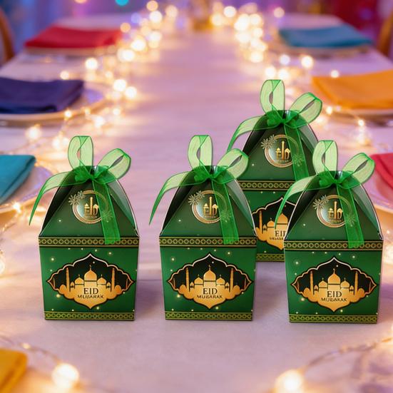 10Pcs Eid Gift Box with Ribbon Bow Candy Treats Goodies Chocolates Cookie Storage Box Festival Paper Party Favors Present Packing Box