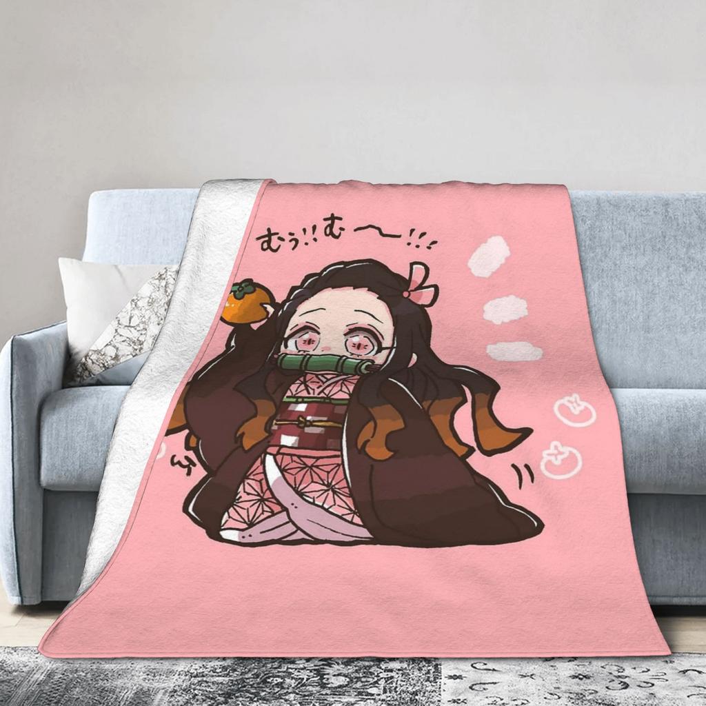 Kimetsu No Yaiba Kamado Nezuko Decken Anime Fleece Lustige Atmungsaktive Überwurfdecken für Bettwäsche Wohnzimmer Frühling Herbst