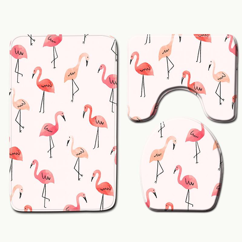 European And American Style Pink Cute Animal Flamingo Floor Mat Carpet Girl Heart Hand-Painted Illustration Toilet Three-Piece Set