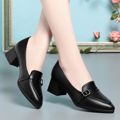 New Women Pumps Pu Leather Work Shoes Chunky High Heels Women Pointed Toe Pumps Casual Slip On Solid Heels Women Shoes