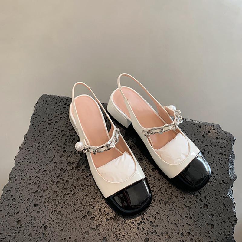 Grape mother studiolee girly style pearl chain shallow mouth empty thick heel bag head Mary Jane sandals women