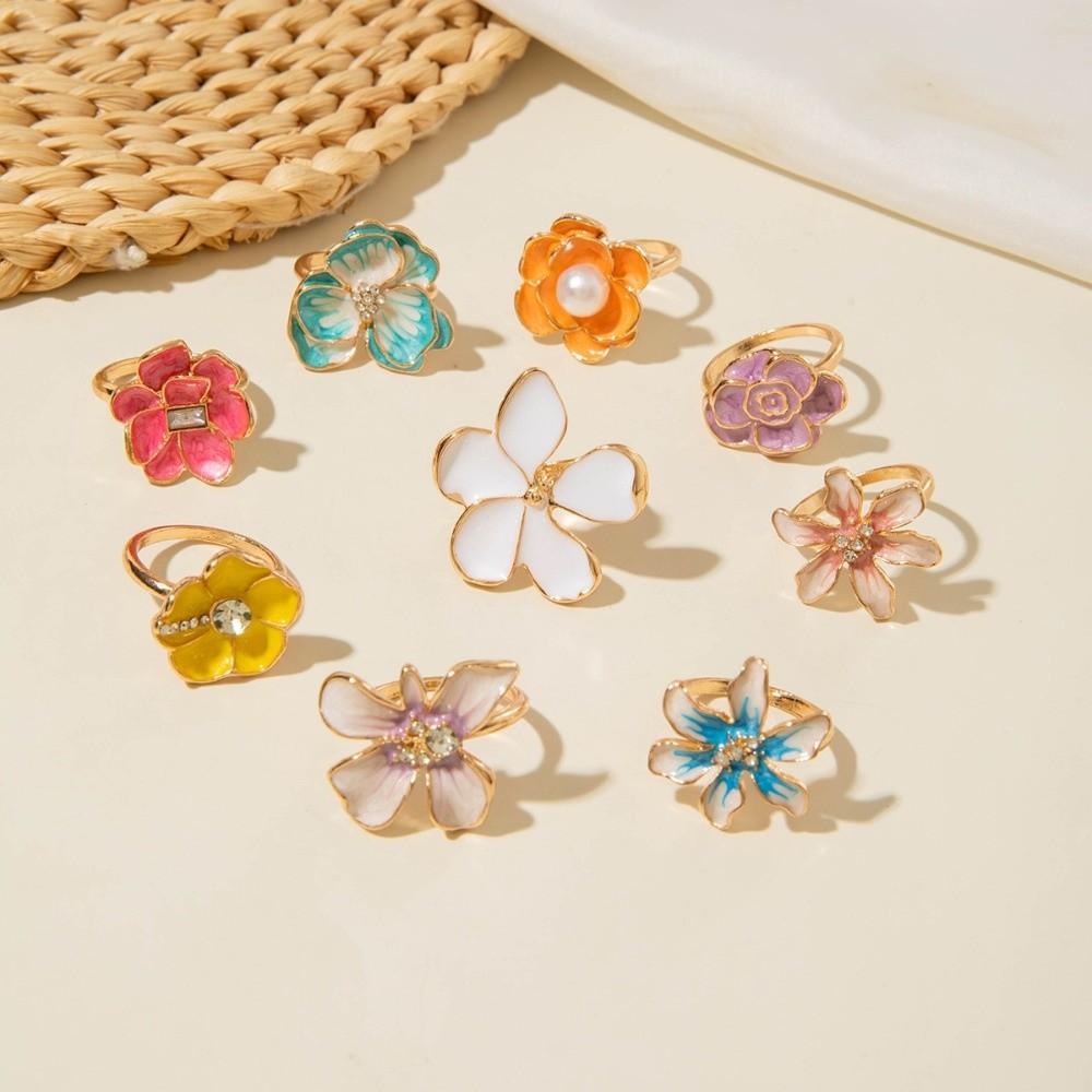 Camellia Bloem Bloem Ring Strass Franse Onregelmatige Ring Retro Emaille Vingerring Cadeau