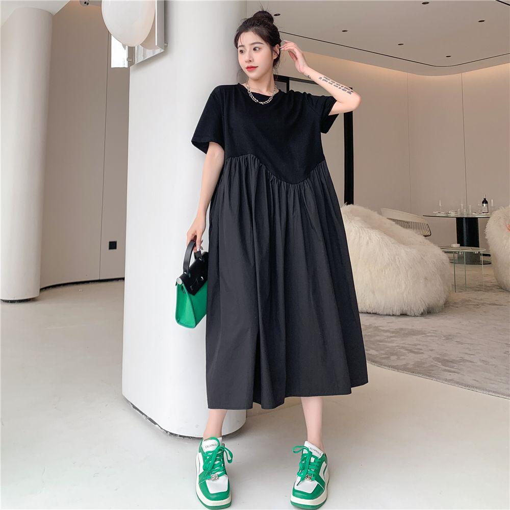 Plus Size Summer Pleated Black Vintage Dresses For Women Oversized Short Sleeve Loose Casual Long Dress Korean Clothing