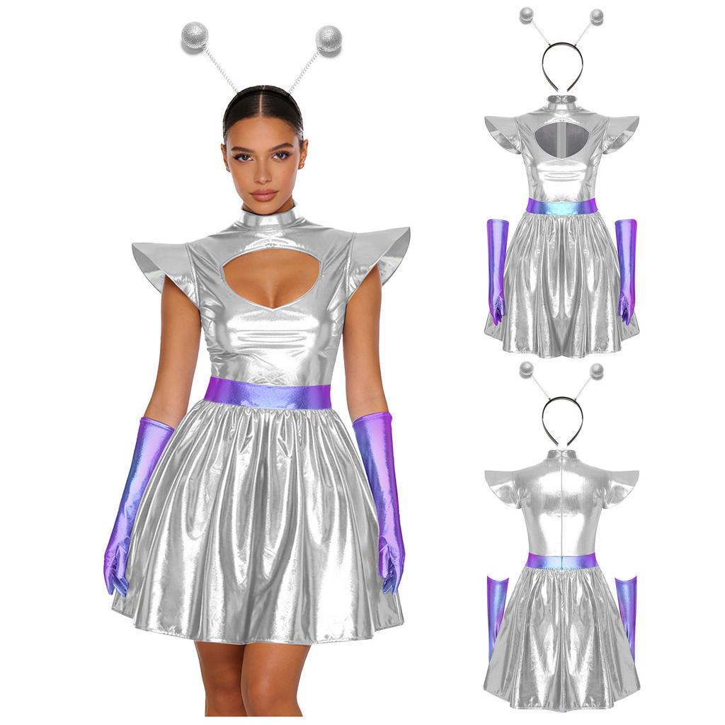 Womens Alien Astronaut Cosplay Dress with Gloves and Hair Loop Set Cutout Neck Metallic Shiny Dress for Halloween Spaced Themed Party