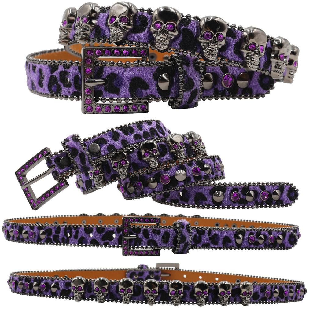 Leopard Print Women's Belt with Skull Design and Rhinestone Pin Buckle - Hip Hop Nightclub Style