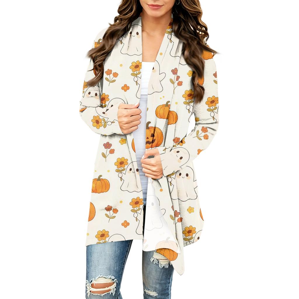 Women's Casual Long Sleeve Cardigan with Halloween Print for Festive Occasions