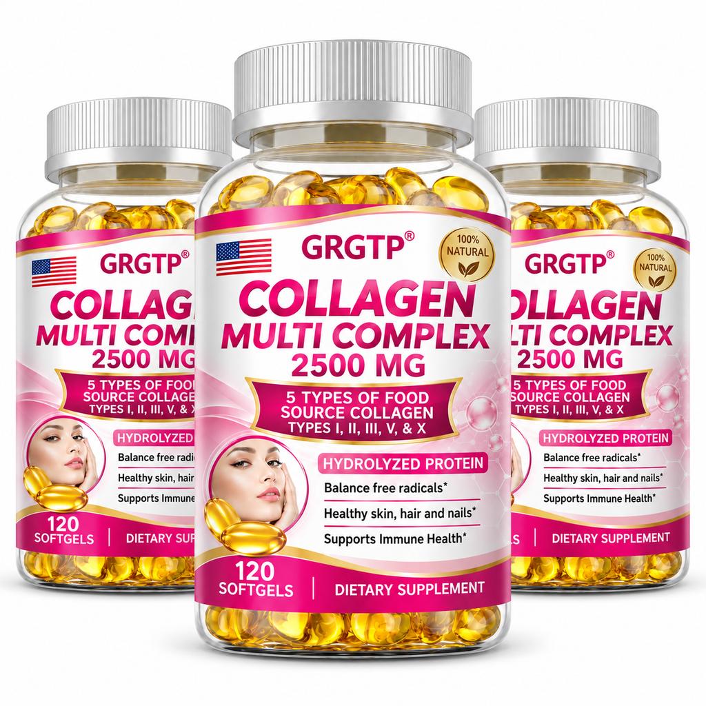 Multi-type collagen dietary supplement; contains collagen types I, II, III, V, and X; 2500mg content; suitable for adults.