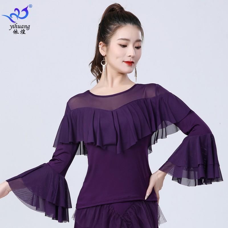 Latin Dance Top Women Ballroom Practice Wear Mesh Long Sleeve Flared Cuff Milk Silk 2025 Black Red Pink