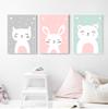Kawaii Wall Art Canvas Nursery Print Cartoon Cat Rabbit Painting Nordic Kids Decoration Picture Baby Living Room Decor No Frame
