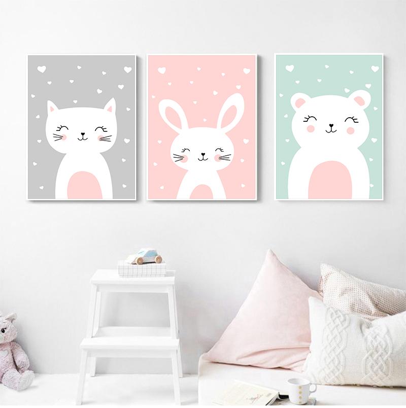Kawaii Wall Art Canvas Nursery Print Cartoon Cat Rabbit Painting Nordic Kids Decoration Picture Baby Living Room Decor No Frame