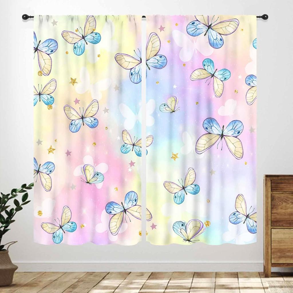 Butterfly Curtains Girls Room Rainbow Pink Purple Galaxy Star Princess Kids Drapes Treatments Living Rooms Curtain Polyester Perfect For