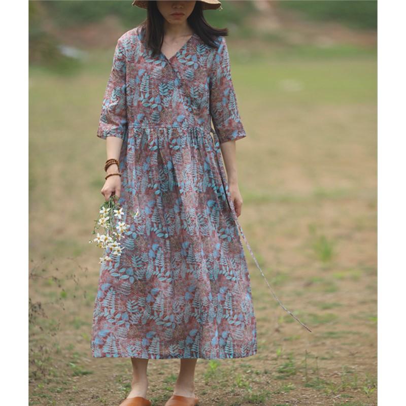 Johnature Woman Spring V-Neck Half Sleeve Casual Vintage Dress Chinese Style Casual Retro Dress