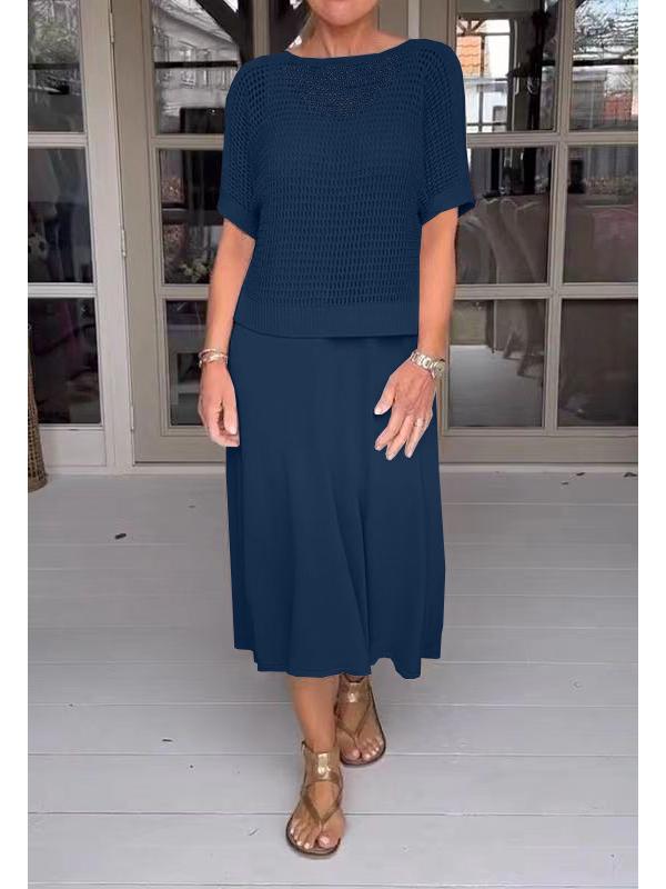 2025 European & American Style Casual Solid Color Hollow Knit Dress Suit with Round Neck Sweater