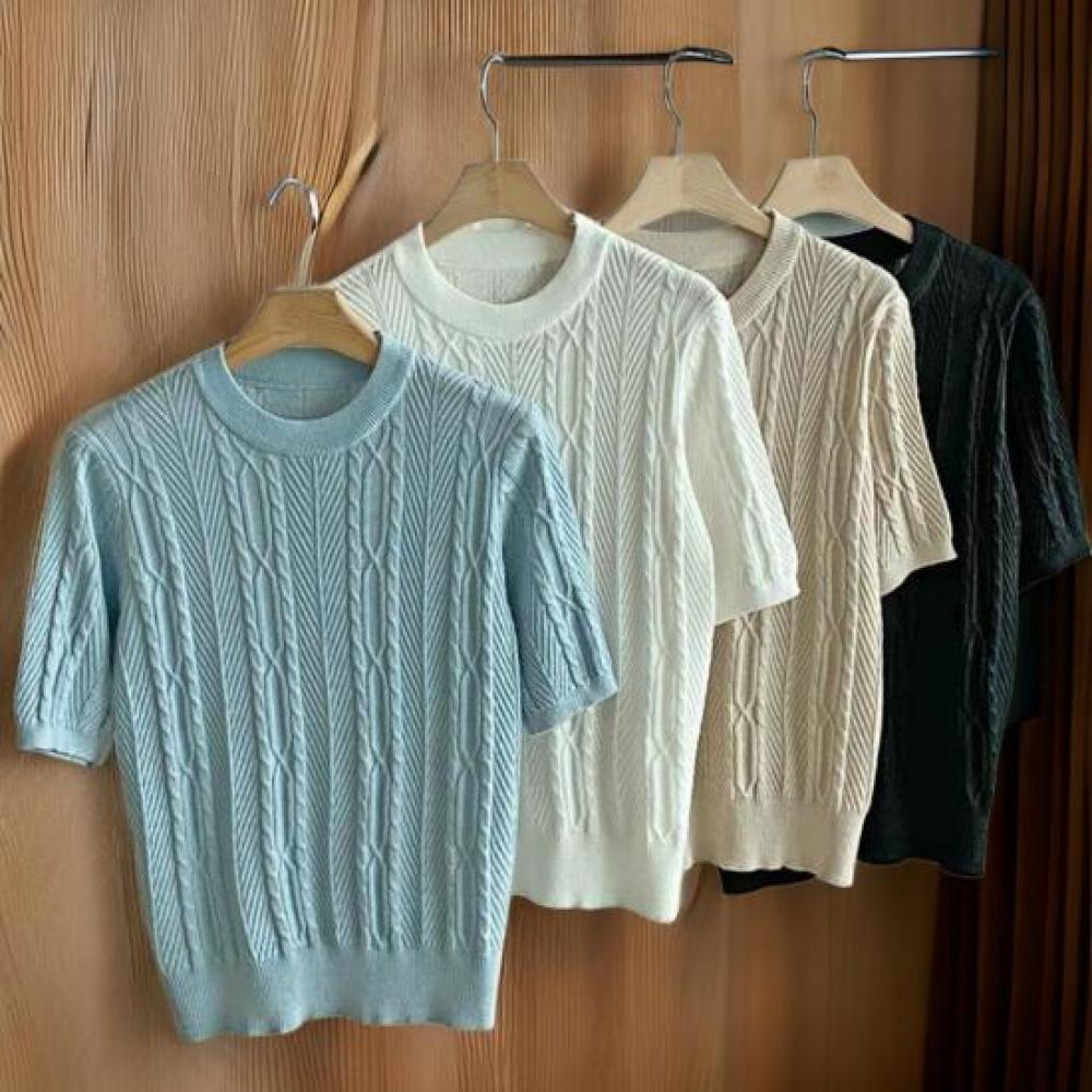 New Arrivals Open Run Women Round Neck Standard Vertical Twisting Knit Short Sle