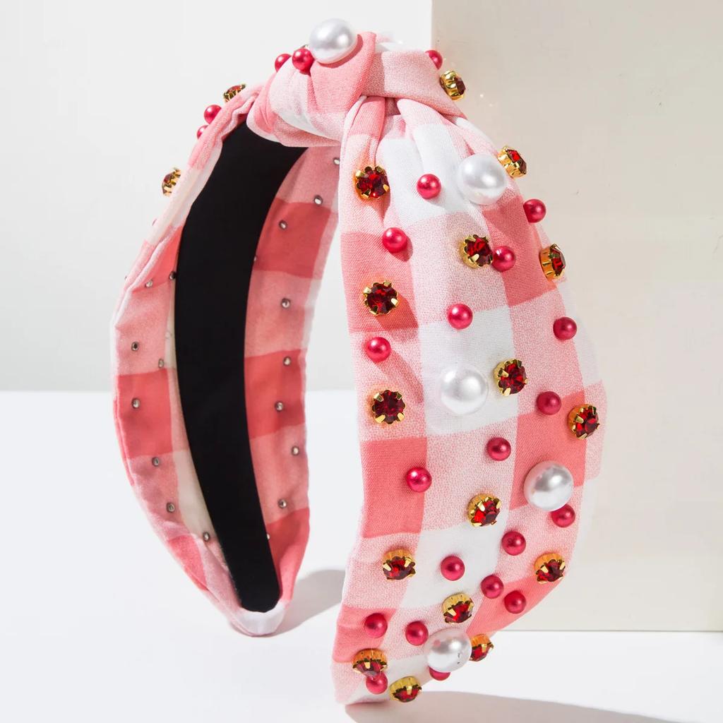 Hot-selling Fashion Checkerboard Fabric Knotted Beads Drill Headband Versatile Hair Accessories Women