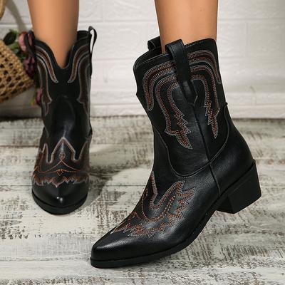 Fashion Retro Embroidery Design Women's Boots Waterproof Pu Leather Chunky Heel Western Boots Big Size 43 Pointed Toe Ankle Boots