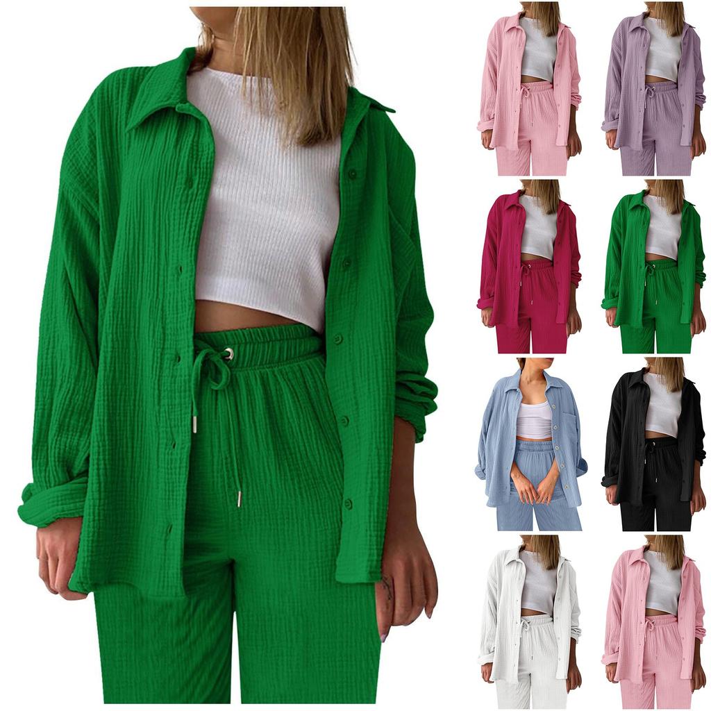 Two Piece Suit Women Summer Muslin Shirt And Trousers Clothes Two Piece Beachwear Suit Two Piece Suit Women