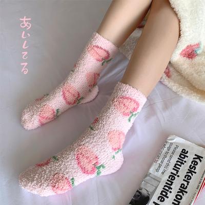 Herbst und Winter Korallenfleece Socken Damen Frucht Niedlich Mädchen Mittlerer Schaft Boden Socken Damen Fleece Verdickt Schlaf Wochenbett Socken
