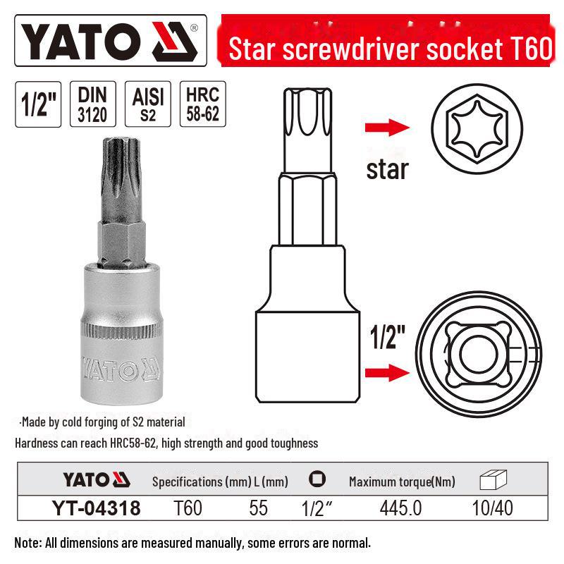 YATO 1/2" Star Screwdriver Socket Set, Chrome Vanadium Steel, S2 Head