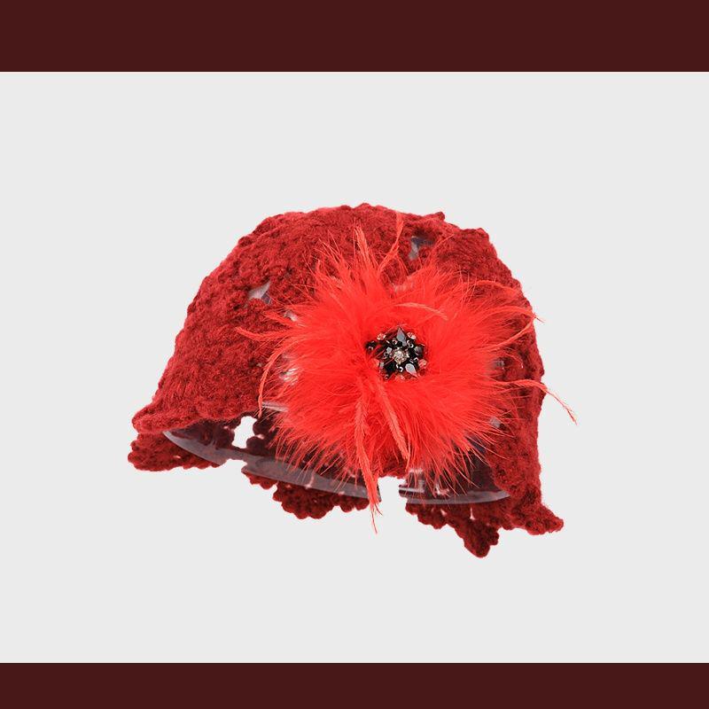 

2025 Шапка-бини ручной работы с красным пером - Женская вязаная шапка в стиле мори на весну/осень One Size (54-59cm)