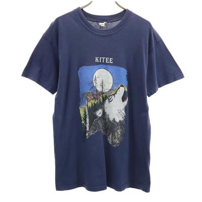 SCREEN STARS Old Wolf Print Short Sleeve T-shirt M Navy Men's Used