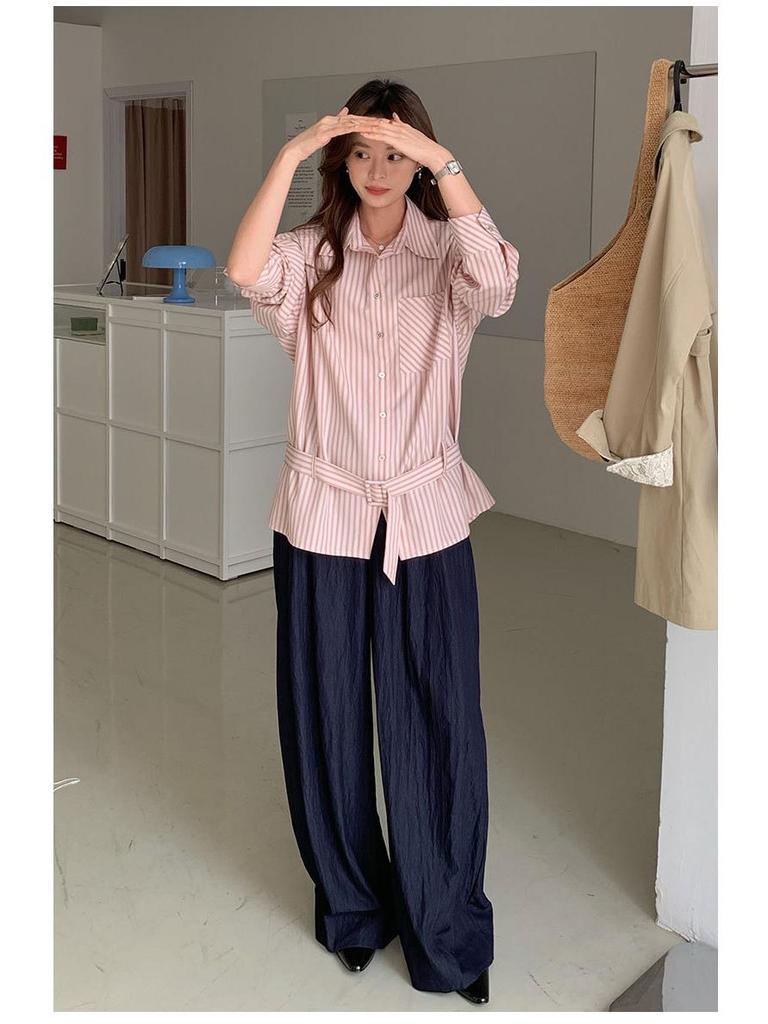 Korean Style Pink Stripe Women's Loose Tie-Waist Casual Long Sleeve Shirt