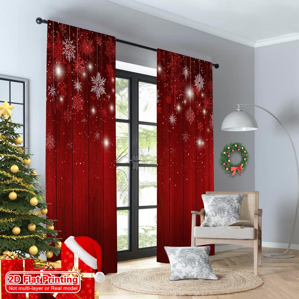 2D flat printing 2pcs Happy Christmas Scene Curtains Red Snowflakes Festive Christmas scopic and stylish 100% polyester fiber