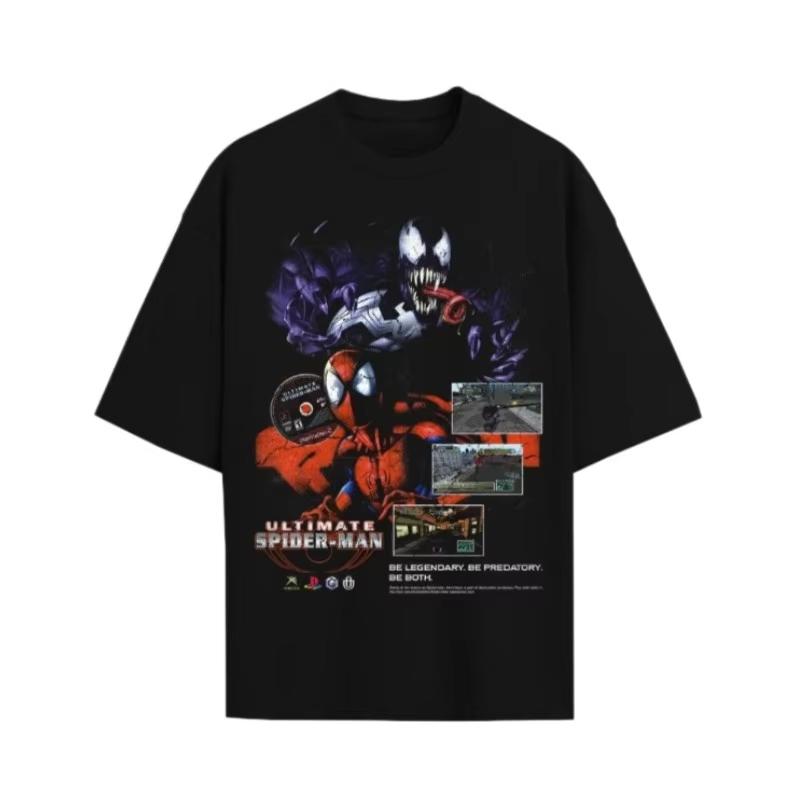 

2026 new Ultimate SpiderUnisex and Venom oversized Tshirt Unisexs and Womens version Vintage washed black pure cotton Tshirt 2XL