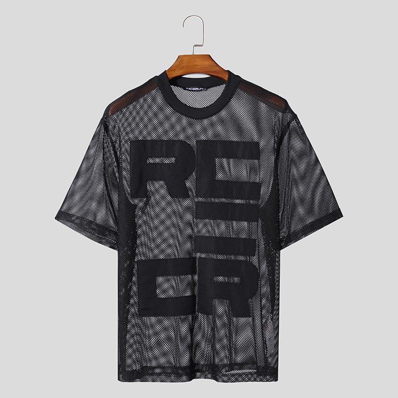 INCERUN Men Summer O Neck Short Sleeve Letter Print Mesh Sheer T-Shirts Transparent Tops