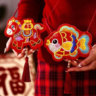 Red Color Red Envelope Paper Material Crossbody Strap Gift Bag Embroidery Design Traditional Pattern Hongbao Children Gift