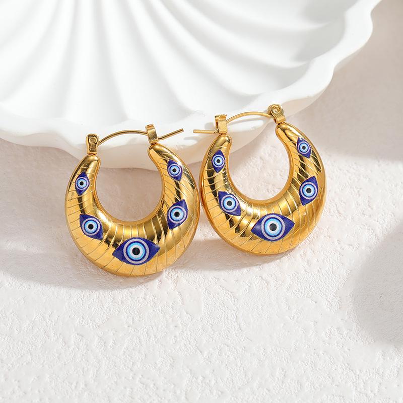 Geometric Stainless Steel U-Shaped Earrings with Creative Eye Design - European & American Style for Women