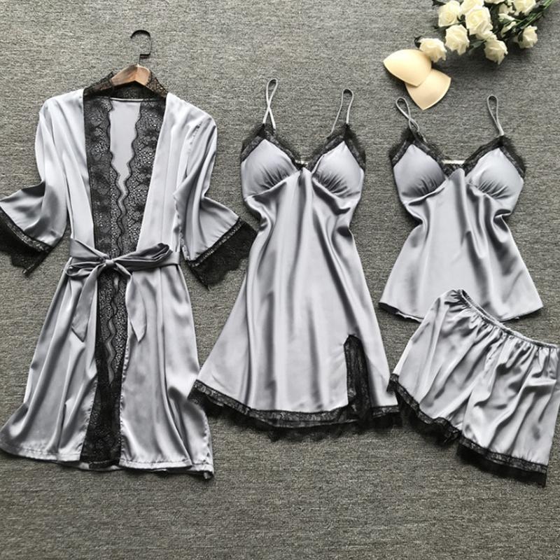 4-teiliges Nachtwäsche-Pyjama-Set aus Seide für Damen, Nachthemd, Spitzenkleid, Bademantel, Schlafanzug, Nachtwäsche aus Seide, einfarbig, Pijama-Sets
