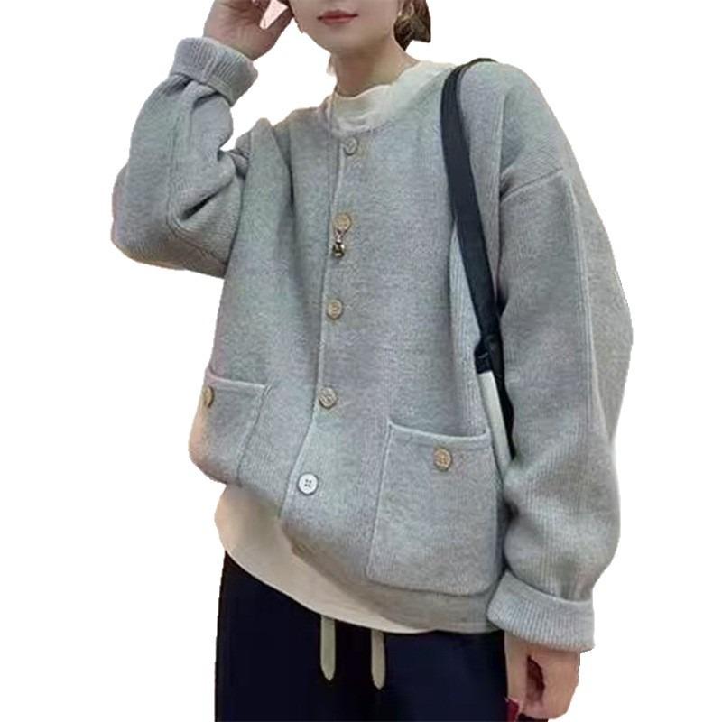 Crew neck knitted cardigan women's clothing autumn new loose and thin versatile single-breasted sweater jacket